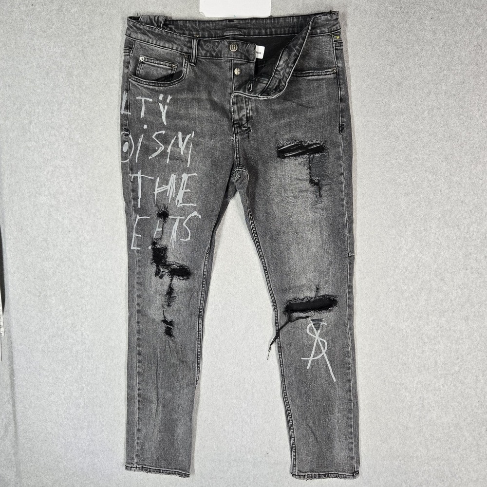 Ksubi Gray Distressed Graffiti Skinny Jeans